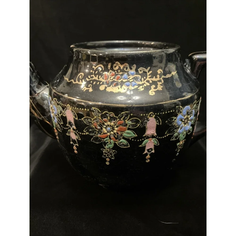 Hand Painted VTG Black Teapot Gold Trim Moriage Raised Dots Japan Glued Spout